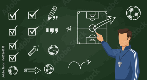 Soccer coach explaining strategy on chalkboard with tactical plan illustration concept