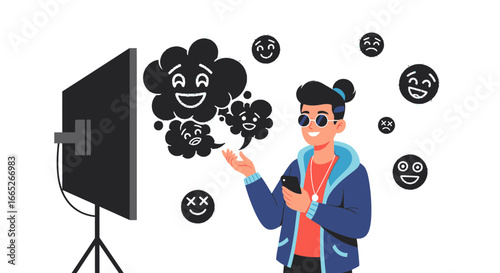 Social media influencer creating online content with emoji feedback and livestreaming technology