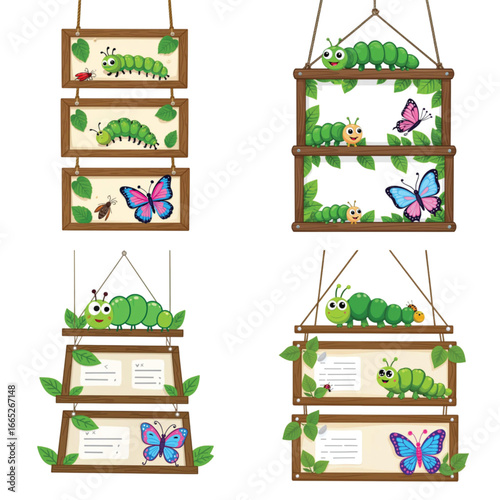Colorful illustrated signs with caterpillars and butterflies in nature  