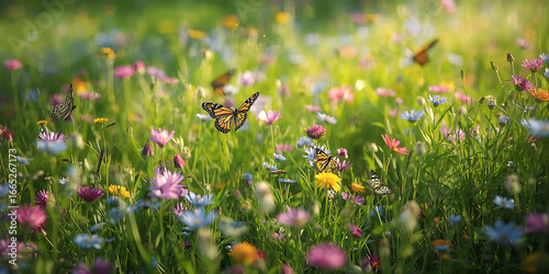 Sunlit meadow with wildflowers and monarch butterflies