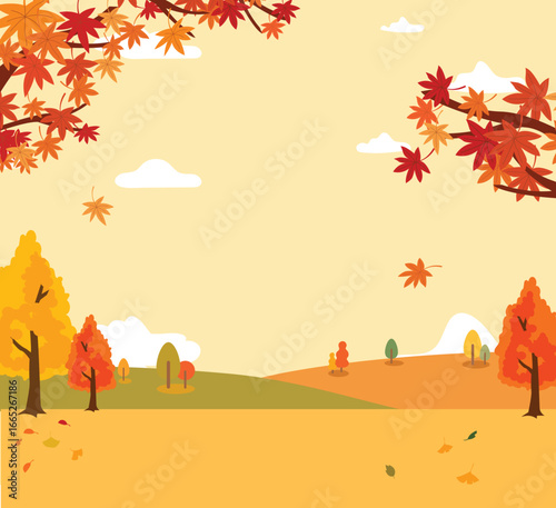 Autumnal Scene with Maple Trees and Falling Leaves