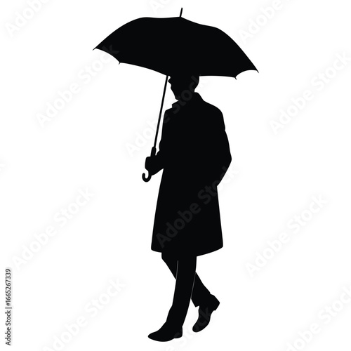 Silhouette Illustration of Man Walking with Umbrella Wearing a Coat on White