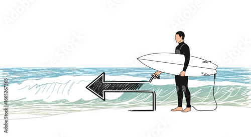 Stylized illustration of a surfer with board and directional arrow on beach