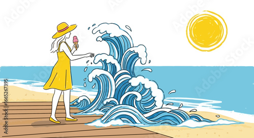 Stylized illustration of a woman enjoying ice cream by the sea under a bright sun showing