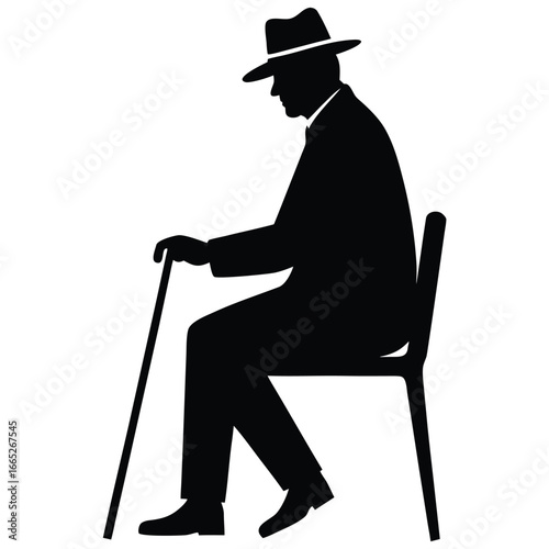 Silhouette of a Gentleman in a Hat Sitting on a Chair with a Cane