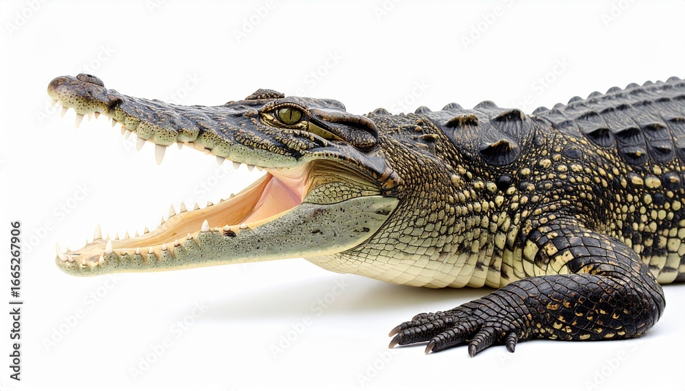 Naklejka premium An American alligator with its mouth wide open, showcasing sharp teeth and textured scales, isolated on a white background for dramatic emphasis.