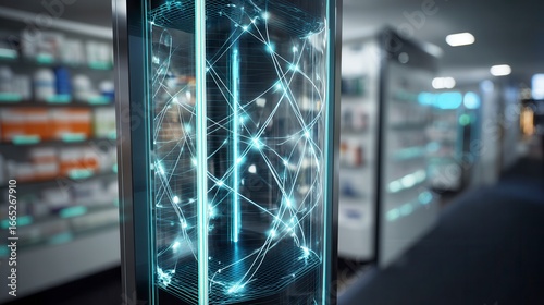Innovative futuristic digital display with glowing blue network connections in modern pharmacy environment, advanced healthcare technology visualization system with neural network pattern