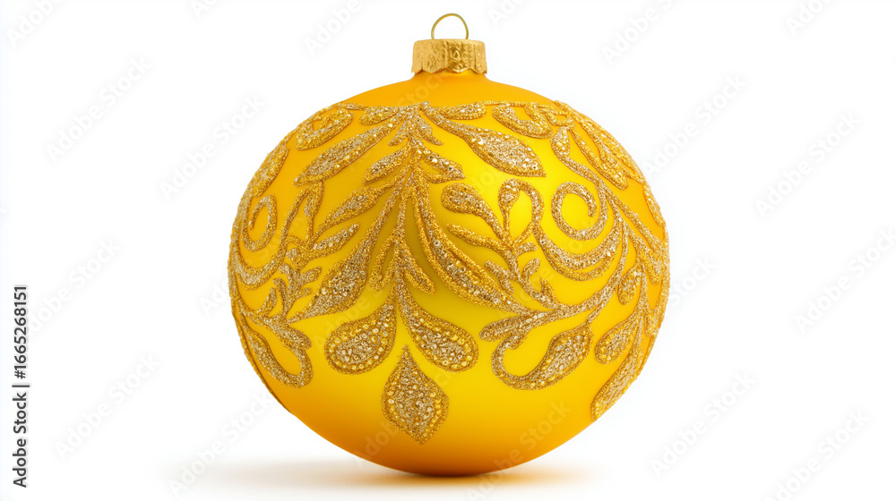 Fototapeta premium A shiny yellow Christmas ball ornament isolated on a clean white background. 
