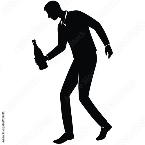 Silhouette of Drunk Man Holding Wine Bottle While Staggering on White