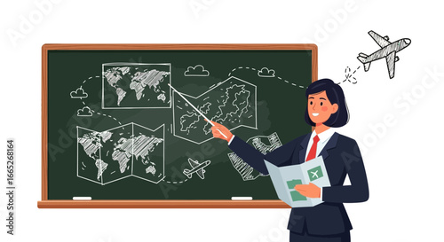 Traveling instructor presenting travel plans on chalkboard illustration scene