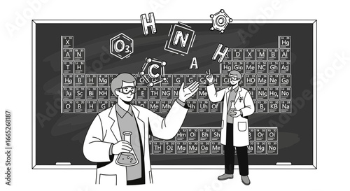 Two scientists conducting experiment with lab coats and periodic table backdrop showing dedication