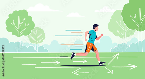 Vector Illustration of Young Man Running in the Park, Enjoying Outdoor Activity for Fitness and