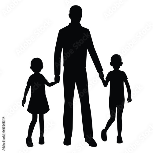 Silhouette of Father Walking HandinHand with Young Children, Family Outing