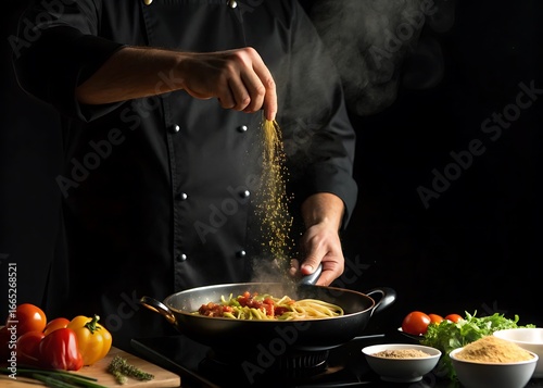 A professional chef in a black uniform is cooking spaghetti with tomato and vegetables in a pan, sprinkling seasoning on the dish in a dark studio kitchen, showcasing culinary skill and motion