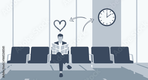 Waiting for love, a man reading a newspaper in a waiting room area dreaming of love