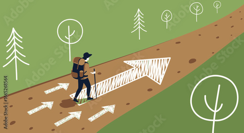 Wanderer Navigating Path with Arrows: Illustration of Journey and Directional Guidance