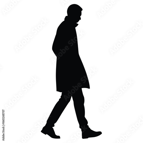 Silhouette of Man Walking in Overcoat Side View Resource Isolated