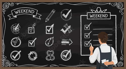 Weekend Checklist on Chalkboard: A Man Marking Tasks for Leisure and Planning