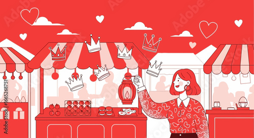 Whimsical Market Scene with Crown Motif and Playful Red Palette Artwork Illustration