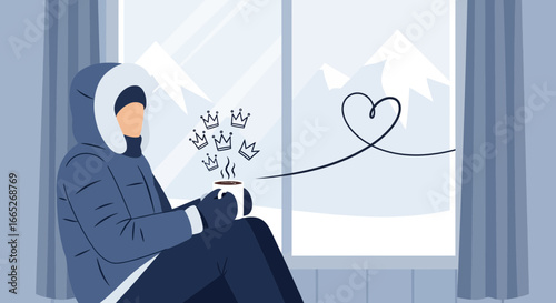 Cozy winter scene of a person enjoying a warm drink with snowy mountain view