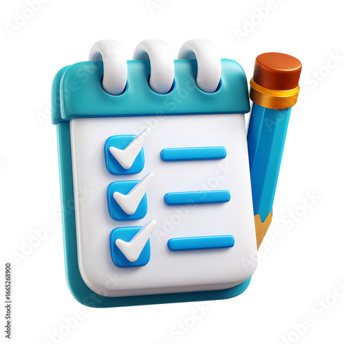 A 3d illustration of a teal and white notepad with three completed checklist items and a blue pencil on a black background representing task completion and organization