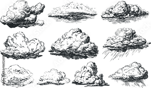 Collection of Nine Stylized Cloud Illustrations with Hatching Techniques
