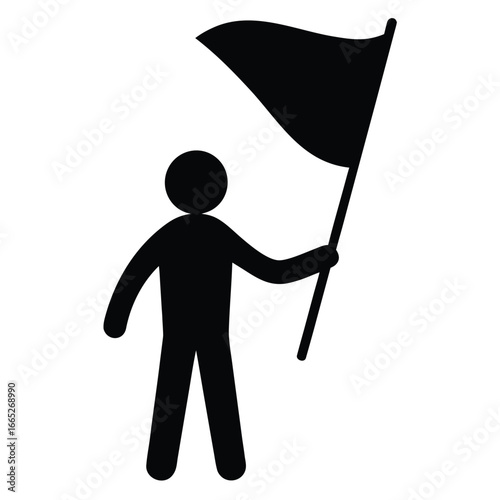 Simple Black Silhouette Person Holding Up a Waving Flag Banner
