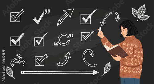 Woman drawing chalk arrows and checklists on blackboard illustrating education and decision making