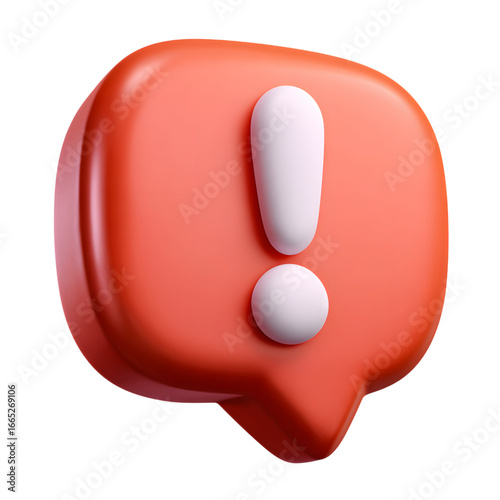 A vibrant 3d rendered orange speech bubble with a prominent white exclamation mark inside symbolizing important alerts or notifications against a stark black background