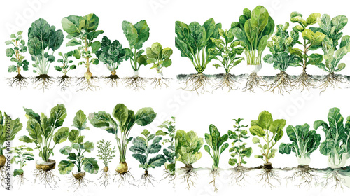 Watercolor botanical lineup of leafy vegetables with exposed roots and soil anatomy. Educational herb set for gardening guides, packaging, kitchens, and natural design.