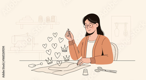 Woman with sewing needle creating a dress design filled with love and crowns in her fashion studio