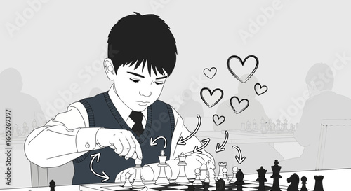 Young chess player making a move with hearts and arrows illustrating strategy and love of the game