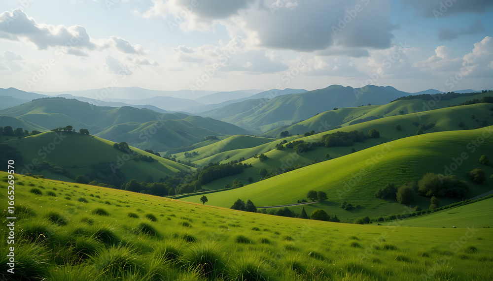 Obraz premium Beauty of Rolling Green Hills Beneath a Partly Cloudy Sky—A Picturesque Countryside Scene Featuring Lush Grass, Scattered Trees, and Soft Afternoons, 8K image 