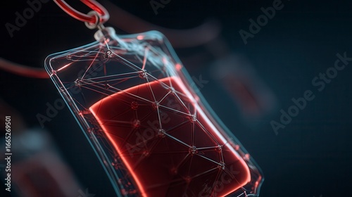 Innovative futuristic glass container with glowing red liquid and network pattern overlay in scientific laboratory setting with dark background