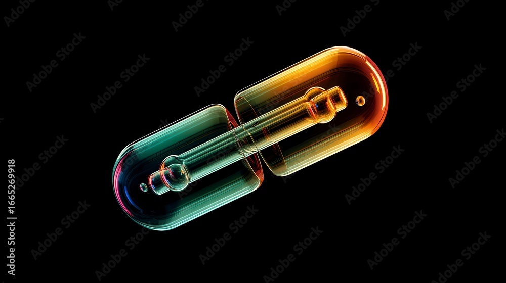 Naklejka premium Vibrant 3D rendering of colorful pharmaceutical capsule with orange and teal gradient effect against black background, modern medical concept with free copy space for text