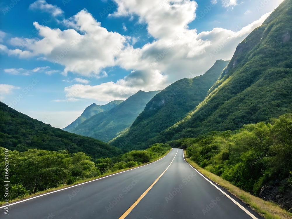 Fototapeta premium A scenic road winds through lush green mountains under a bright blue sky with fluffy white clouds, inviting travel and adventure amidst the beauty of nature and the tranquility of the landscape