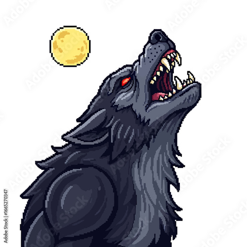 A stylized, pixelated werewolf howling at the moon.