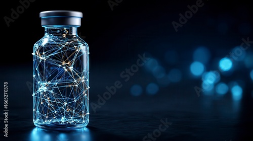 Innovative medical vial with glowing blue network pattern inside glass container against dark background with bokeh lights, pharmaceutical technology concept with free copy space