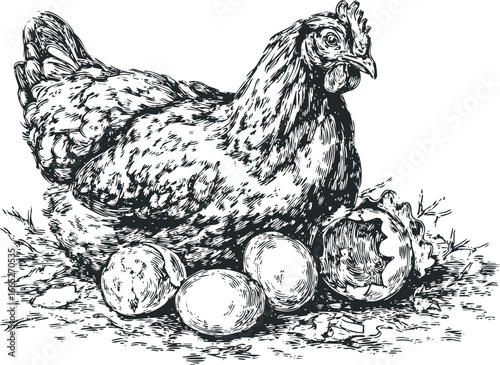 Detailed engraving of a hen sitting on a nest with eggs and a broken shell
