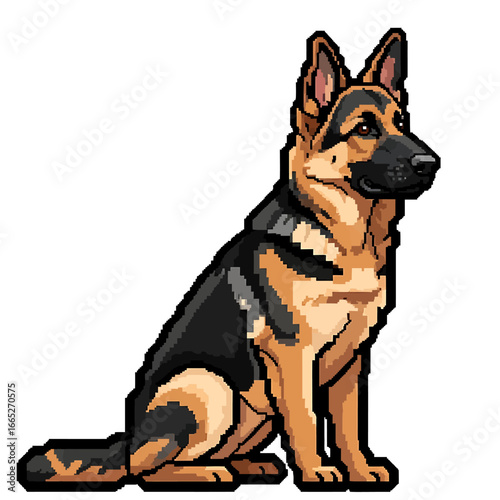 A stylized illustration of a German Shepherd dog sitting attentively.