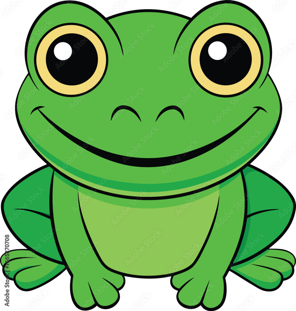 Fototapeta premium Cheerful cartoon frog sits patiently, displaying large eyes and a wide smile, with transparent background