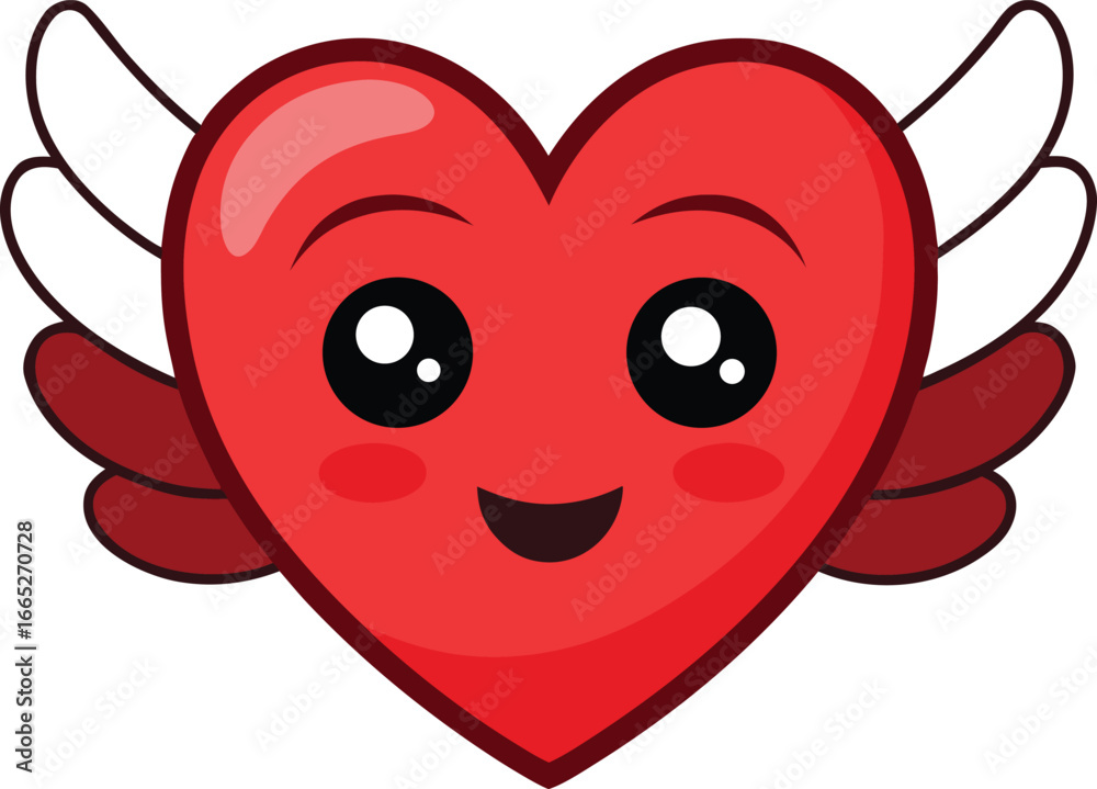 Obraz premium Charming red heart cartoon smiles and wears wings for extra cuteness over white