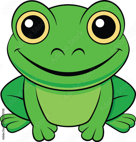 Cheerful cartoon frog sits patiently, displaying large eyes and a wide smile, with transparent background