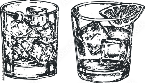 Two refreshing beverages in clear glasses filled with ice cubes and citrus garnish