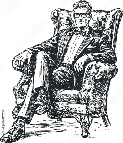 Man wearing a suit and bow tie sitting in a plush armchair