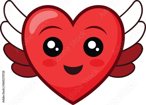 Charming red heart cartoon smiles and wears wings for extra cuteness over white
