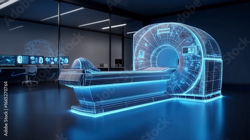 Futuristic MRI scanner visualization with glowing blue wireframe design in modern medical imaging facility with brain scans displayed on multiple monitors in darkened hospital radiology department
