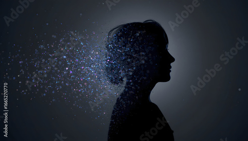 Silhouette of woman dissolving into glowing particles on dark background