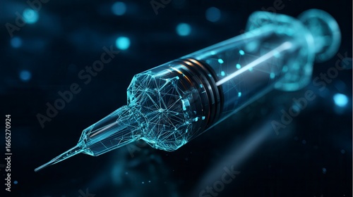 Innovative futuristic digital syringe with glowing blue network pattern inside transparent needle against dark background, medical technology concept with free copy space