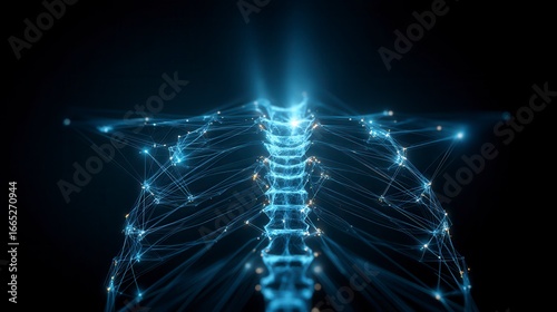 Futuristic glowing blue digital spine and ribcage visualization against dark background, showcasing advanced medical imaging technology in healthcare innovation